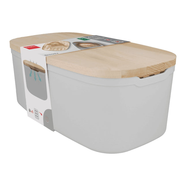 Metaltex Bready Panera con Tabla de Cortar, Caja para Pan 2 en 1 con Tapa de Madera de Haya Ranurada, Contenedor de PP Apto para Alimentos, 20 x 35 x 14 cm