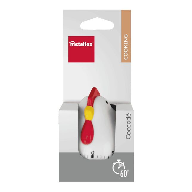 Metaltex Coccodé Minutero de Cocina Mecánico 60 Minutos, Temporizador con Forma de Gallina, Sin Pilas, Plástico ABS, Autoportante, Blanco/Rojo