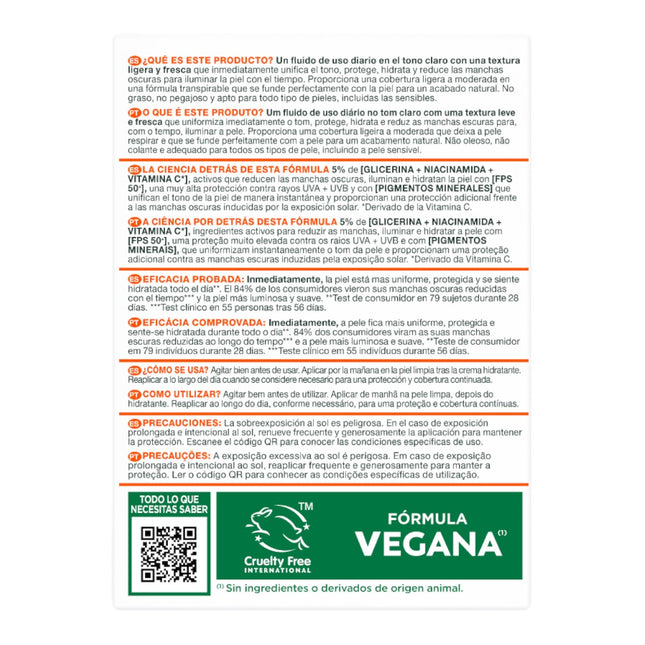 Garnier Vitamina C Wonder Tint Fluido con Color Todo en 1 Tono Claro, SPF50+, Hidratante Facial con Niacinamida y Vitamina C, Fórmula Vegana 40 ml