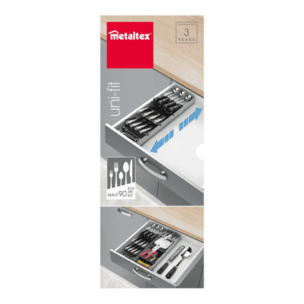 Metaltex Uni-Fit Organizador Cubertero Ajustable para Cajón, Bandeja para Cubiertos y Utensilios, con 3 Separadores Móviles, Pies Antideslizantes, Gris, 40/49 x 15 x 6 cm