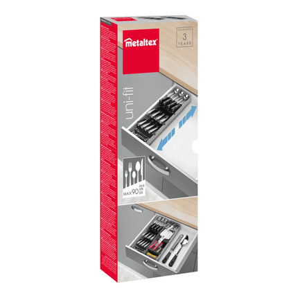 Metaltex Uni-Fit Organizador Cubertero Ajustable para Cajón, Bandeja para Cubiertos y Utensilios, con 3 Separadores Móviles, Pies Antideslizantes, Gris, 40/49 x 15 x 6 cm