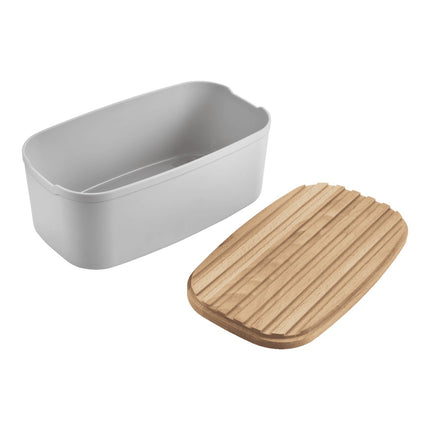 Metaltex Bready Panera con Tabla de Cortar, Caja para Pan 2 en 1 con Tapa de Madera de Haya Ranurada, Contenedor de PP Apto para Alimentos, 20 x 35 x 14 cm