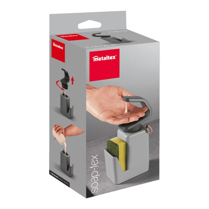 Metaltex Soaptex Dispensador de Jabón con Estropajero, Dosificador de Cocina con Soporte para Esponja, Base Antideslizante y Colgador de Anillos, Plástico ABS Gris, 330 ml, 11 x 8 x 22 cm