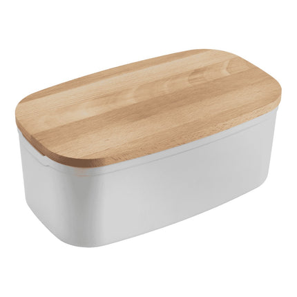 Metaltex Bready Panera con Tabla de Cortar, Caja para Pan 2 en 1 con Tapa de Madera de Haya Ranurada, Contenedor de PP Apto para Alimentos, 20 x 35 x 14 cm