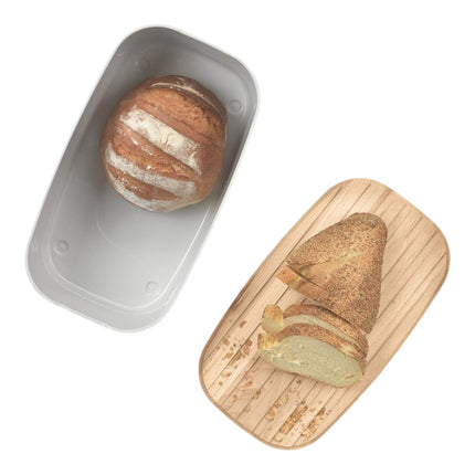 Metaltex Bready Panera con Tabla de Cortar, Caja para Pan 2 en 1 con Tapa de Madera de Haya Ranurada, Contenedor de PP Apto para Alimentos, 20 x 35 x 14 cm