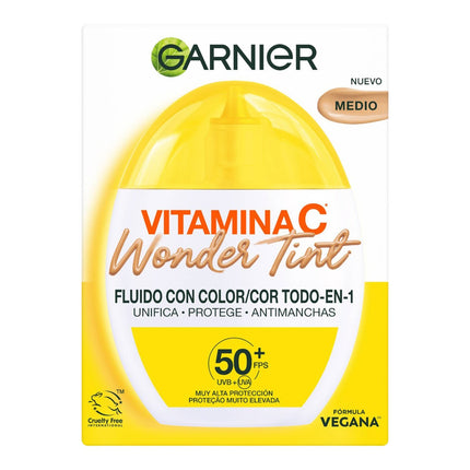 Garnier Vitamina C Wonder Tint Fluido con Color Todo-en-1 SPF50+, Tono Medio, Protector Facial con Vitamina C, Glicerina y Niacinamida, Unifica, Protege e Ilumina la Piel 40 ml