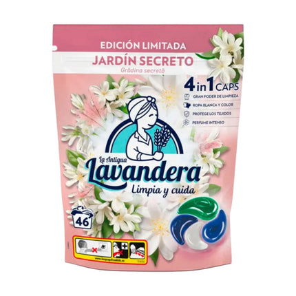 La Antigua Lavandera Cápsulas Detergente 4 en 1 Jardín Secreto – 46 Unidades | Edición Limitada | Gran Poder de Limpieza, Protege Tejidos, Perfume Intenso
