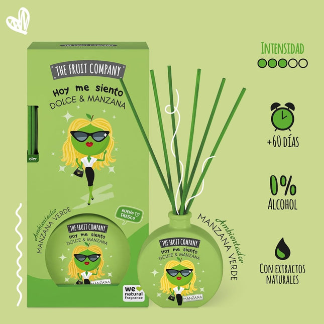 The Fruit Company Ambientador Mikado Manzana Verde 40 ml, Difusor con Varillas para Hogar, 0% Alcohol, con Extractos Naturales, Aroma Fresco y Afrutado, Más de 60 Días