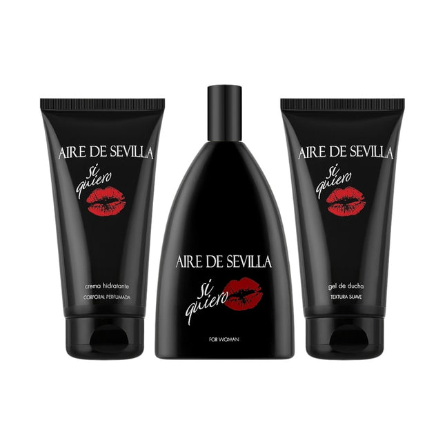 AIRE DE SEVILLA SÍ QUIERO Estuche de cosmética para mujer con Perfume Gel de ducha suave y Crema Hidratante corporal perfumada Cofre de regalo de ritual perfumado (150 ml cada uno)