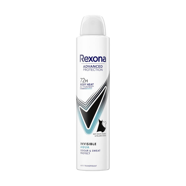 Rexona Advanced Protection Invisible Aqua Antitranspirante Spray 72H – Protección contra Sudor y Olor, Anti-Manchas Blancas y Amarillas, 200 ml