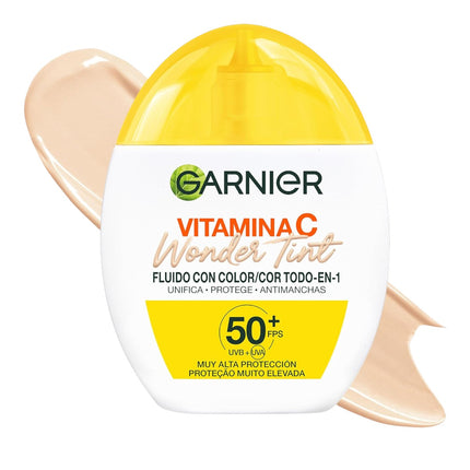 Garnier Vitamina C Wonder Tint Fluido con Color Todo en 1 Tono Claro, SPF50+, Hidratante Facial con Niacinamida y Vitamina C, Fórmula Vegana 40 ml