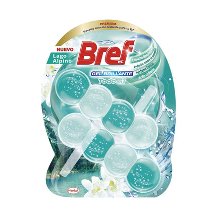 BREF Desinfectante WC Colgador Doble gel brillante Todo en 1 Lago Alpino