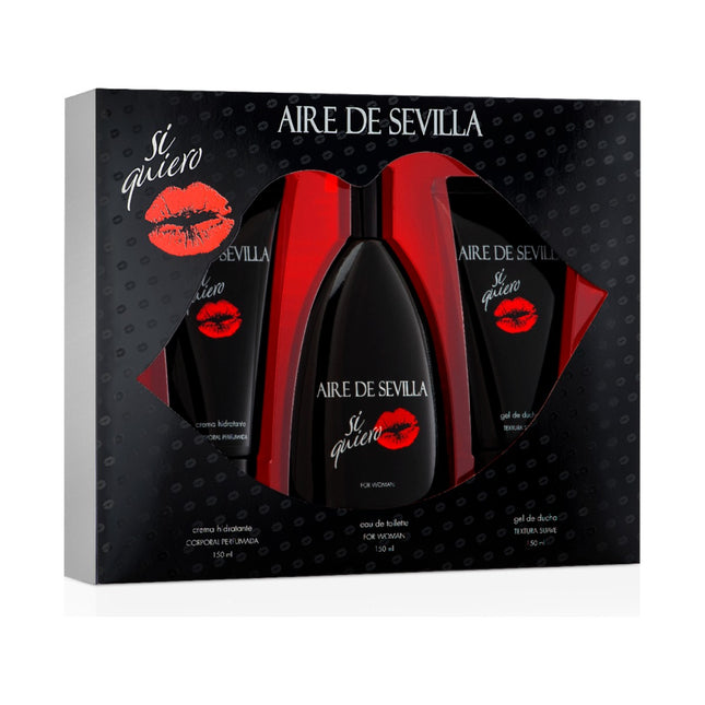 AIRE DE SEVILLA SÍ QUIERO Estuche de cosmética para mujer con Perfume Gel de ducha suave y Crema Hidratante corporal perfumada Cofre de regalo de ritual perfumado (150 ml cada uno)