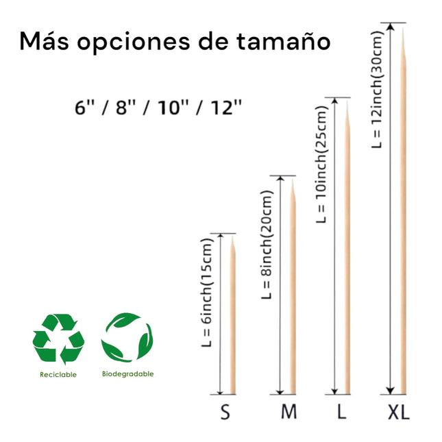 100 Pcs Pinchos de Bambú para Brochetas y Barbacoa Palitos de Madera 15/20/25/30 cm para Parrilla, Aperitivos, Espetos de Sardinas y Buffets