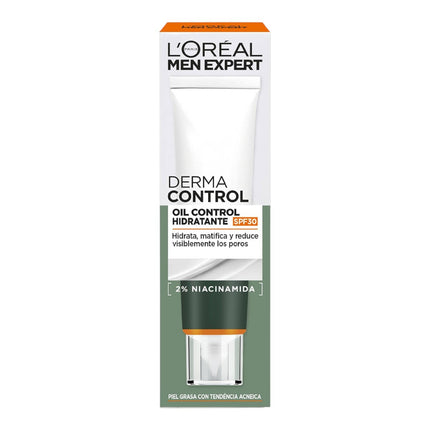 L’Oréal Men Expert Derma Control Oil Control Hidratante SPF30, Crema Facial para Hombre con 2% Niacinamida, Matifica y Reduce Visiblemente los Poros, 40 ml