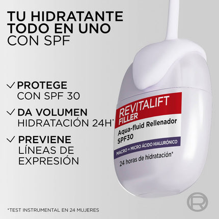 L'Oréal Paris Revitalift Filler Aqua-Fluid Rellenador SPF30, Hidratante Facial con Ácido Hialurónico, Protección Solar, Textura Ligera, 40 ml