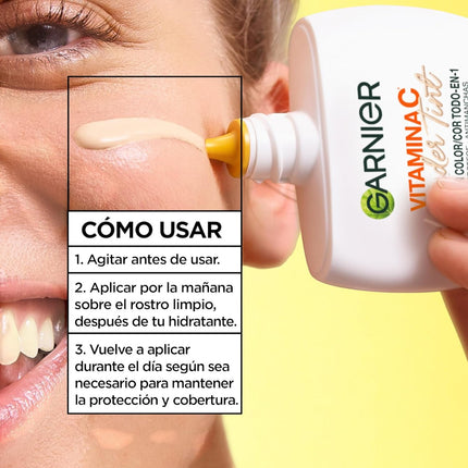Garnier Vitamina C Wonder Tint Fluido con Color Todo en 1 Tono Claro, SPF50+, Hidratante Facial con Niacinamida y Vitamina C, Fórmula Vegana 40 ml