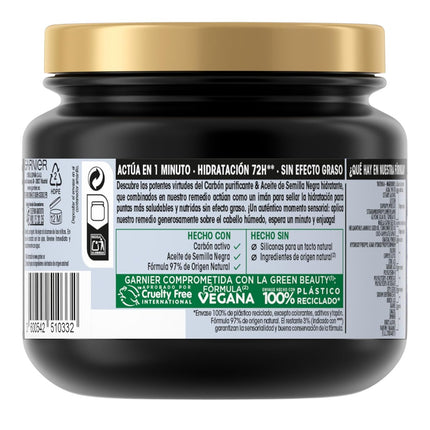 Garnier Original Remedies Hair Remedy Mascarilla Hidratación 72H 340 ml, con Carbón Magnético y Aceite de Semilla Negra, para Puntas Secas, Sin Efecto Graso, Sin Siliconas