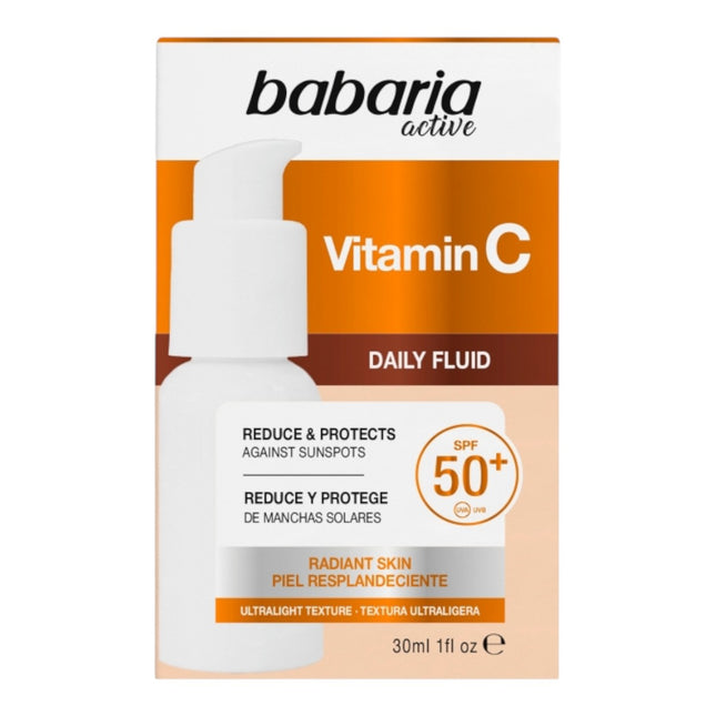 Babaria Vitamin C Daily Fluid SPF50+, Fluido Facial Iluminador, Vitamina C y Niacinamida, Protección Solar Alta, Textura Ultraligera, 30 ml