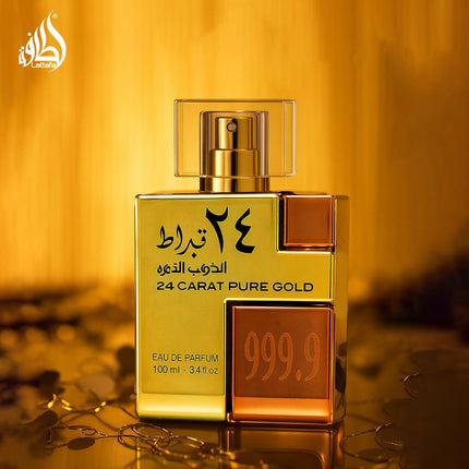 Lattafa 24 Carat Pure Gold Eau de Parfum 100 ml, Perfume Unisex Oriental con Aroma Intenso, Fragancia Árabe Elegante, Formato Spray