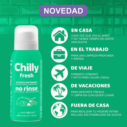 Chilly Fresh Higiene Íntima No Rinse Espuma Limpiadora Sin Aclarado, Detergente Íntimo pH5 con Anti-Odor, Uso en Papel Higiénico, Formato Viaje, 100 ml