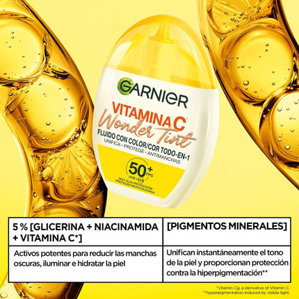Garnier Vitamina C Wonder Tint Fluido con Color Todo en 1 Tono Claro, SPF50+, Hidratante Facial con Niacinamida y Vitamina C, Fórmula Vegana 40 ml