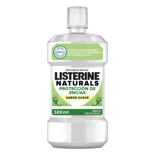 Listerine Naturals Protección de Encías Enjuague Bucal Sin Alcohol, Sabor Menta Suave, Fórmula Biodegradable, 96% Ingredientes de Origen Natural, 500 ml