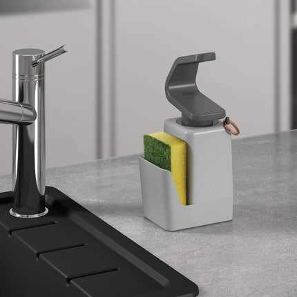 Metaltex Soaptex Dispensador de Jabón con Estropajero, Dosificador de Cocina con Soporte para Esponja, Base Antideslizante y Colgador de Anillos, Plástico ABS Gris, 330 ml, 11 x 8 x 22 cm