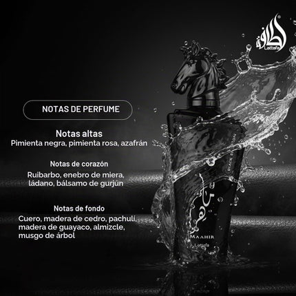 Lattafa Maahir Black Edition Eau de Parfum 100 ml, Perfume Unisex Oriental Amaderado, Fragancia Intensa con Cuero, Especias y Cedro