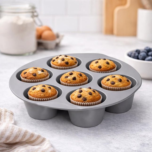 Molde para Muffins 7 Cavidades Antiadherente de Ø5 cm , Bandeja Redonda para Magdalenas, Cupcakes y Repostería, Molde Metálico Gris para Horno