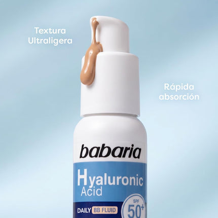Babaria Hyaluronic Acid Daily BB Fluid SPF50+, Fluido Facial con Color, Ácido Hialurónico, Niacinamida, Protección Solar Alta, 30 ml