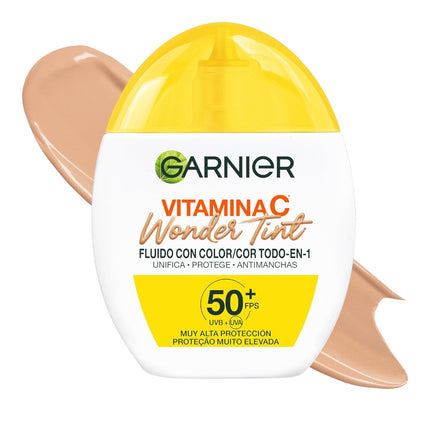 Garnier Vitamina C Wonder Tint Fluido con Color Todo-en-1 SPF50+, Tono Medio, Protector Facial con Vitamina C, Glicerina y Niacinamida, Unifica, Protege e Ilumina la Piel 40 ml