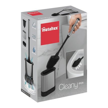 Metaltex Cleany Escobilla WC con Recipiente, Cepillo de Baño Flexible, Cabezal TPR Fácil de Limpiar, Soporte Ventilado Libre de Olores 13 x 8 x 47 cm