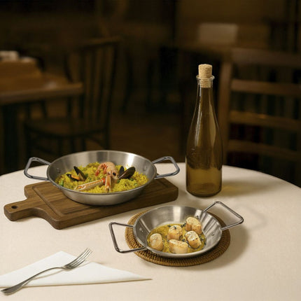 Sartén Mini Paellera de Acero Inoxidable con Asas, Plato Metálico para Tapas, Paella, Fideuá Ø 17 cm