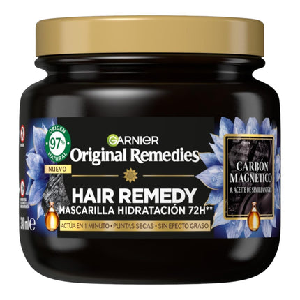 Garnier Original Remedies Hair Remedy Mascarilla Hidratación 72H 340 ml, con Carbón Magnético y Aceite de Semilla Negra, para Puntas Secas, Sin Efecto Graso, Sin Siliconas