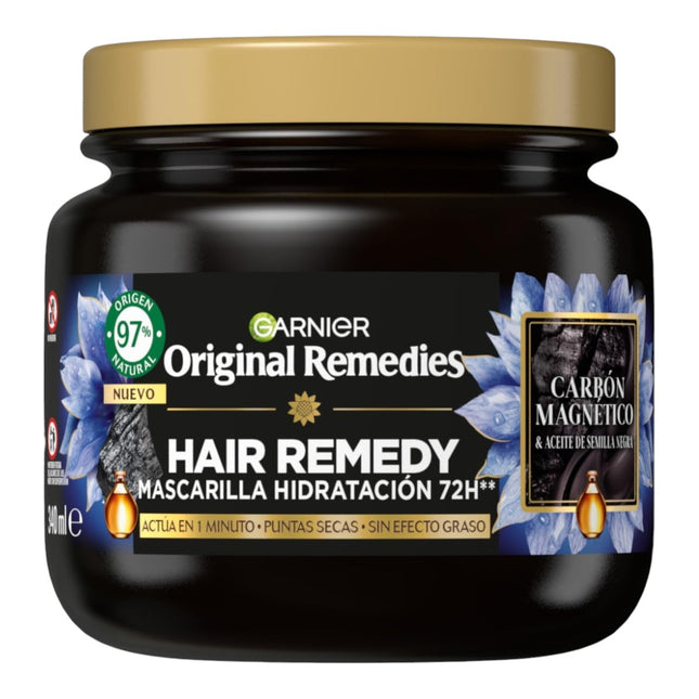 Garnier Original Remedies Hair Remedy Mascarilla Hidratación 72H 340 ml, con Carbón Magnético y Aceite de Semilla Negra, para Puntas Secas, Sin Efecto Graso, Sin Siliconas
