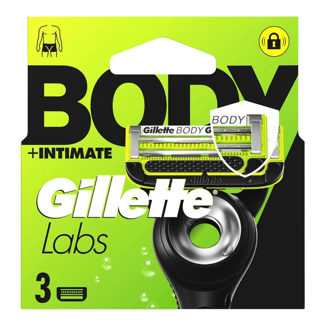 Gillette Labs Body + Intimate Recambios de Cuchillas Corporales, 3 Unidades, Cuchillas para Afeitado Corporal e Íntimo, Triple Sistema de Defensa