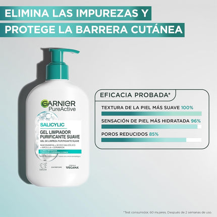 Garnier PureActive Gel Limpiador Purificante Suave 250 ml, Limpiador Facial con Ácido Salicílico, Niacinamida, Arcilla y Ceramida, Sin Perfume