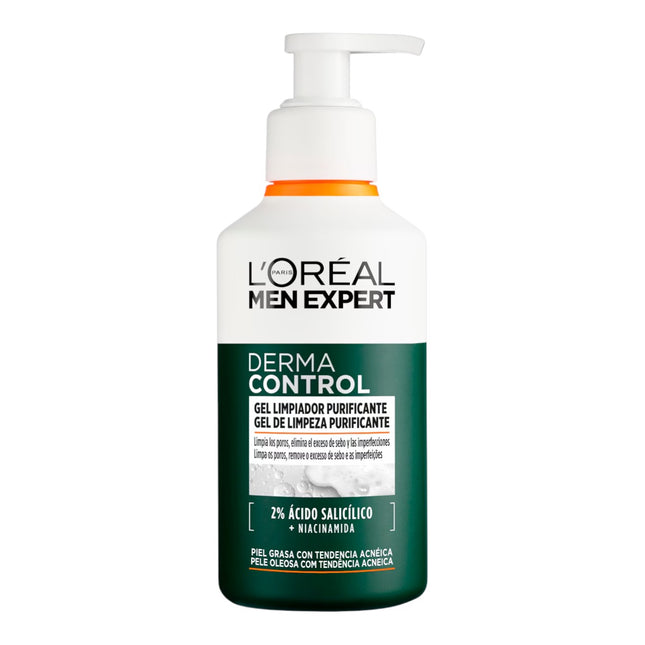 L’Oréal Paris Men Expert Derma Control Gel Limpiador Purificante, Limpiador Facial Hombre con 2% Ácido Salicílico y Niacinamida, Piel Grasa con Tendencia Acnéica, 260 ml