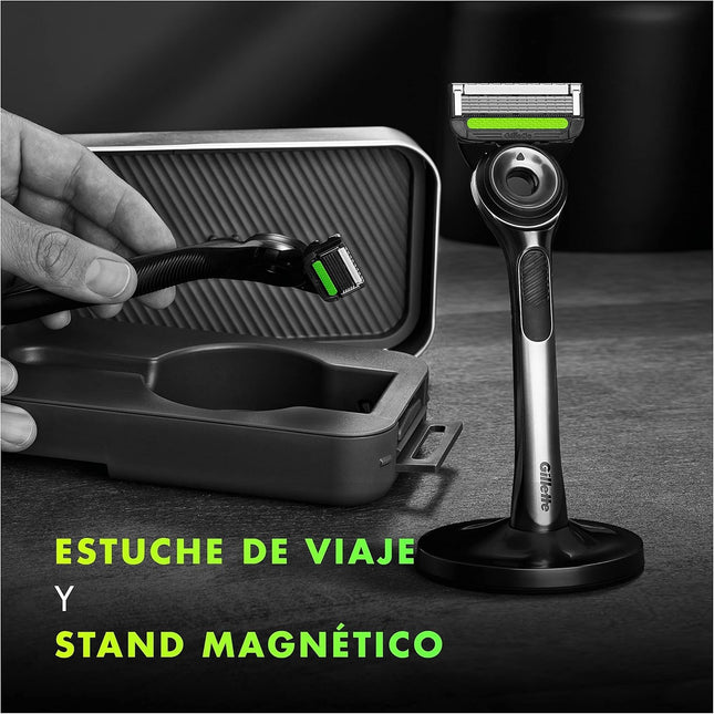 Gillette Labs Máquina de Afeitar con Barra Exfoliante – Incluye 1 Mango, 5 Recambios, Stand Magnético y Estuche de Viaje – Afeitado Suave y Preciso