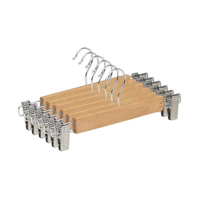DISTRIBUX Pack de 6 Perchas de Madera para Pantalones Percha para Faldas Vaqueros con y Gancho Giratorio 360° y Pinzas Ajustables Anticorrosión Color Madera