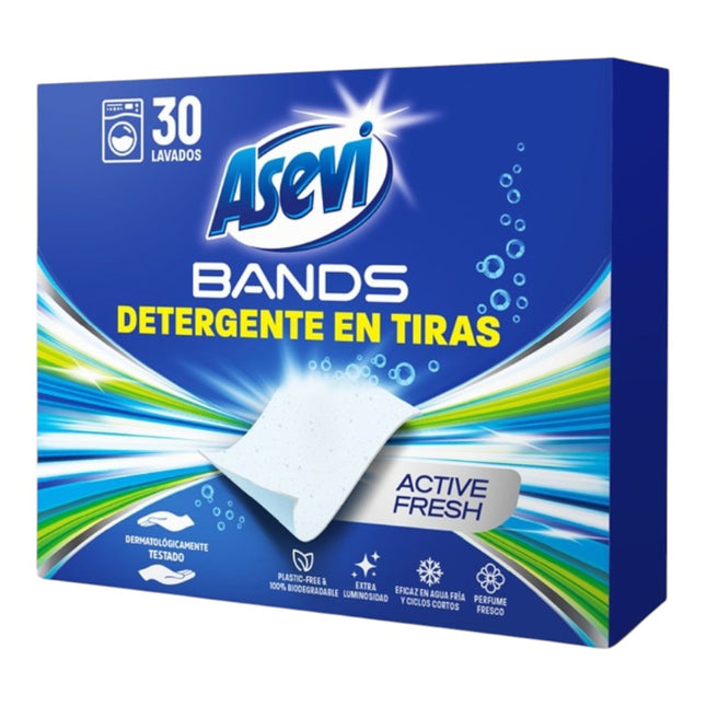 Asevi Bands Detergente en Tiras Active Fresh 30 Lavados, Detergente Concentrado para Lavadora, Hipoalergénico, 100% Biodegradable, Eficaz en Agua Fría y Ciclos Cortos, Perfume Fresco.
