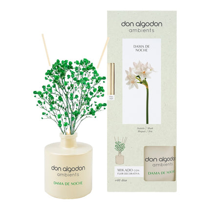 Don Algodon Ambients Mikado Dama de Noche con Flor Decorativa, Ambientador de Varillas 55 ml, 0% Alcohol, Duración +60 Días, Fragancia Floral