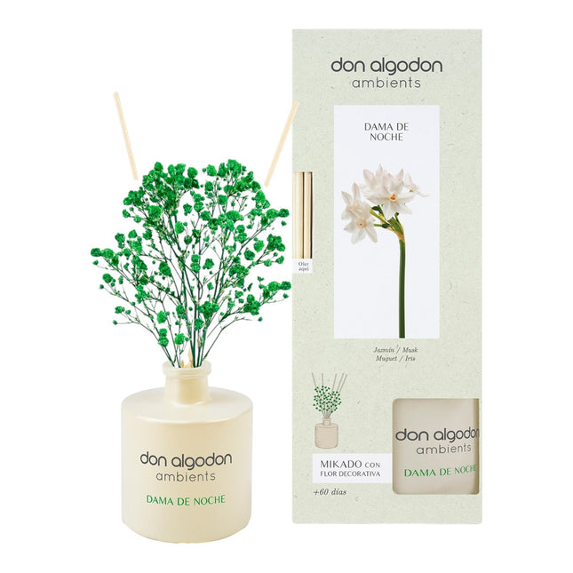Don Algodon Ambients Mikado Dama de Noche con Flor Decorativa, Ambientador de Varillas 55 ml, 0% Alcohol, Duración +60 Días, Fragancia Floral