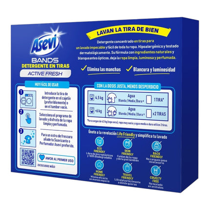 Asevi Bands Detergente en Tiras Active Fresh 30 Lavados, Detergente Concentrado para Lavadora, Hipoalergénico, 100% Biodegradable, Eficaz en Agua Fría y Ciclos Cortos, Perfume Fresco.
