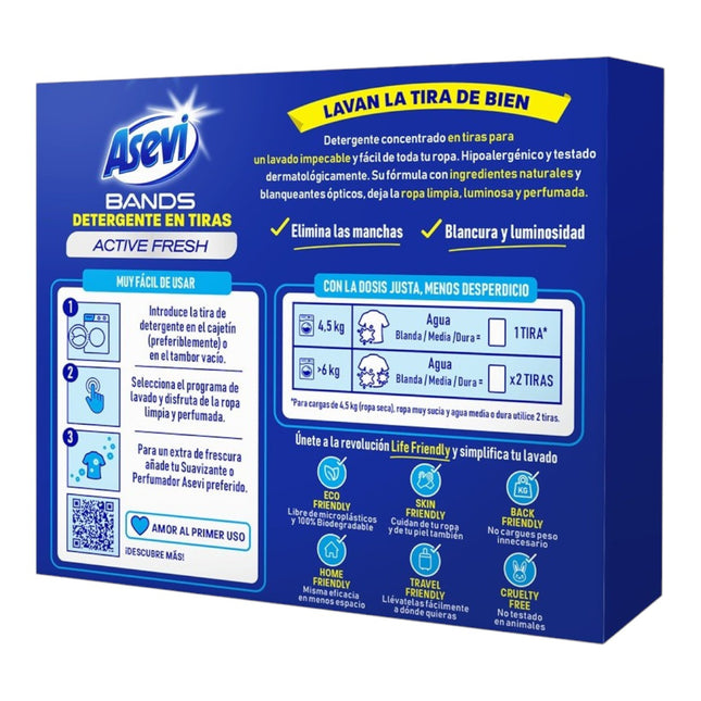 Asevi Bands Detergente en Tiras Active Fresh 30 Lavados, Detergente Concentrado para Lavadora, Hipoalergénico, 100% Biodegradable, Eficaz en Agua Fría y Ciclos Cortos, Perfume Fresco.
