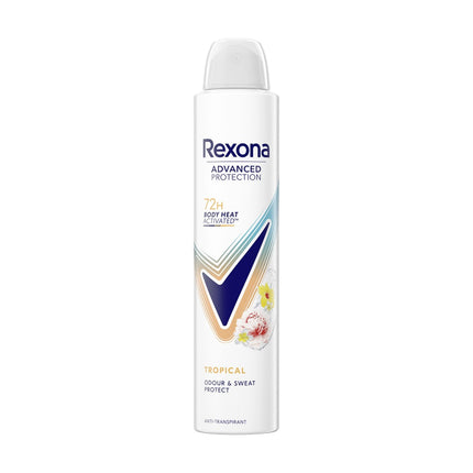 Rexona Advanced Protection Tropical Antitranspirante en Spray 200 ml – Protección 72 Horas contra el Sudor y el Mal Olor – Desodorante para Mujer con Fragancia Tropical Duradera
