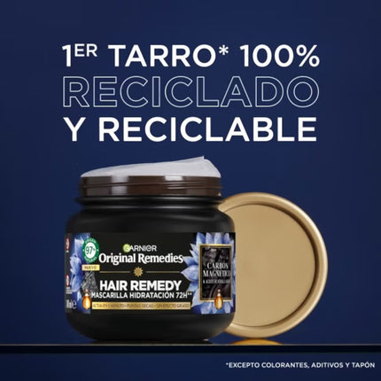 Garnier Original Remedies Hair Remedy Mascarilla Hidratación 72H 340 ml, con Carbón Magnético y Aceite de Semilla Negra, para Puntas Secas, Sin Efecto Graso, Sin Siliconas