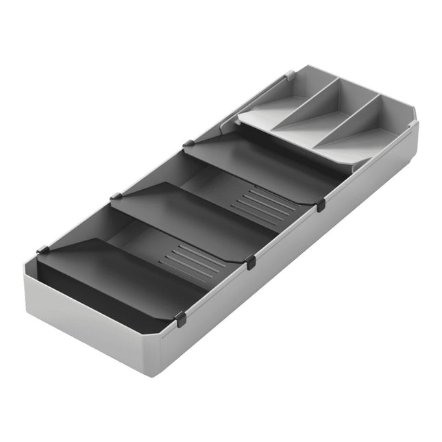Metaltex Uni-Fit Organizador Cubertero Ajustable para Cajón, Bandeja para Cubiertos y Utensilios, con 3 Separadores Móviles, Pies Antideslizantes, Gris, 40/49 x 15 x 6 cm