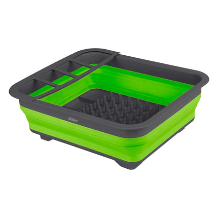 Escurreplatos Plegable con Portacubiertos, Escurridor de Vajilla para Cocina, Bandeja Escurridora Compacta para Platos, Vasos y Cubiertos, Color Verde y Negro